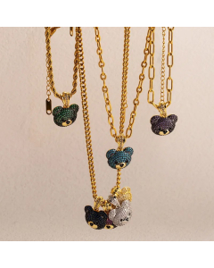 IG Style Sweet Bear Stainless Steel Zircon 18K Gold Plated Pendants Necklace