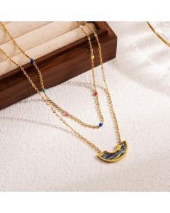 IG Style Artistic Clouds Star Moon Stainless Steel Enamel 18K Gold Plated Pendant Necklace