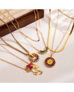 IG Style Artistic Clouds Star Moon Stainless Steel Enamel 18K Gold Plated Pendant Necklace_colorza_4