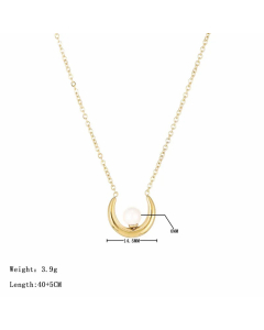 Gold Color Moon Stainless Steel Imitation Pearl Plating Pendant Necklace