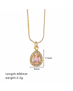 Wholesale Geometric Water Droplets Heart Shape Stainless Steel Inlay Zircon Necklace-01-Pink