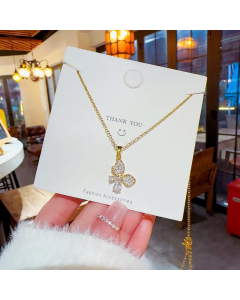 Cute Butterfly Titanium Steel Inlay Zircon Pendant Necklace