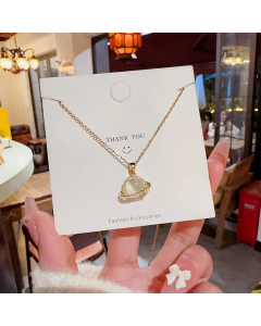 IG Style Novelty Planet Titanium Steel Plating Inlay Opal Zircon Gold Plated Pendant Necklace