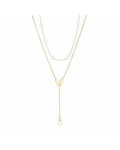Elegant Butterfly Titanium Steel Plating Inlay Artificial Pearls Shell 18K Gold Plated Layered Necklaces