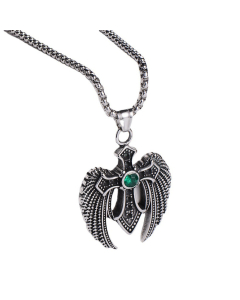 Stainless Steel Necklace Wings Cross Pendant Green Zircon Inlaid CA7810032