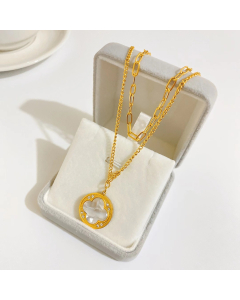 Stainless Steel Necklace With White Doublesided Lucky Clover Pendant CA7810117