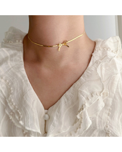 Gold Color Elegant Non-fading Bowknot Snake Bone Chain Stainless Steel Choker Necklace