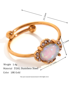 Plated 18K Gold Open Adjustable Diamond Ring 316L Stainless Steel Ring 