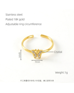 Fashion Light Luxury 18K Butterfly Inlaid With Crystal Stainless Steel Opening Ring