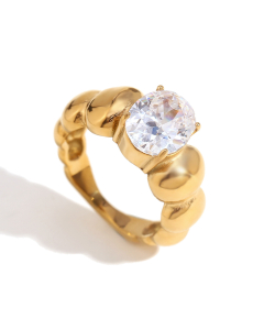White Plated 18K Gold Oval Diamond Inlaid Stainless Steel Ring 