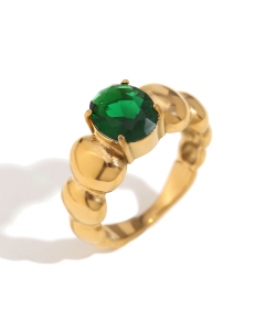 Green Plated 18K Gold Oval Diamond Inlaid Stainless Steel Ring 