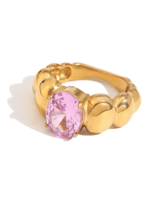 Pink Plated 18K Gold Oval Diamond Inlaid Stainless Steel Ring 