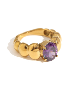 Purple Plated 18K Gold Oval Diamond Inlaid Stainless Steel Ring 
