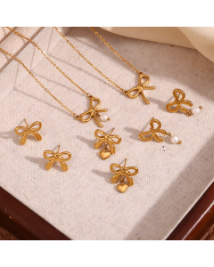Wholesale Stainless Steel Jewelry Sets Fashion Simple Freshwater Pearl Bow Necklace Heart Pendant Bow Earrings
