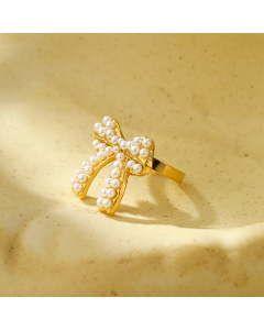 French Pearl Inlaid Bow Knot Stainless Steel Rings