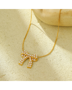 Fashion Pearl Inlaid Bow Knot Stainless Steel Necklace