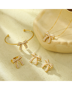 Wholesale Stainless Steel Fine Jewelry Sets Fashion Light Luxury Pearl Inlaid Bow Knot Necklace Bracelet Earrings Rings