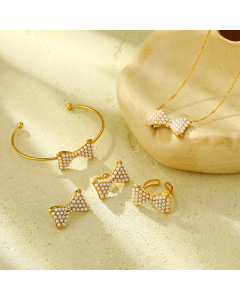 Wholesale Stainless Steel Fine Jewelry Sweety Elegant Pearl Inlaid Bow Knot Necklace Bracelet Earrings Rings Sets