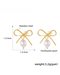 French Cutout Bow Earrings Freshwater Pearl Knot Stainless Steel Jewelry Set 