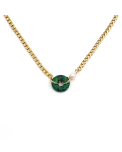 Personalized Light Luxury Pearl Natural Stone Pendant Round Turquoise Stainless Steel Cuban Chain Necklace