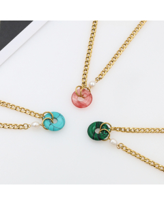 Wholesale Stainless Steel Cuban Chain Personalized Light Luxury Pearl Natural Stone Pendant Round Turquoise Necklace