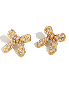 Gold Color Plated 18K Gold Pearl Zircon Inlaid Bow Stainless Steel Earrings 