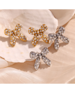 Wholesale Stainless Steel Earrings Pearl Zircon Inlaid Bow Earrings