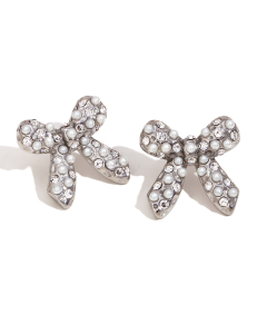 Steel Color Plated 18K Gold Pearl Zircon Inlaid Bow Stainless Steel Earrings 