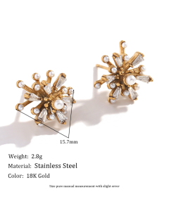Gold Color Temperament Pearl Zircon Fireworks Stainless Steel Earrings 