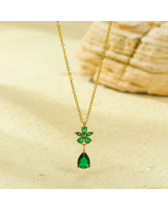 Green Zircon Inlaid Petal Water Drop Stainless Steel Pendant Necklace