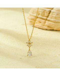 White Zircon Inlaid Petal Water Drop Stainless Steel Pendant Necklace