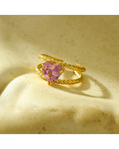 French Style Gold Pink Love Diamond Inlaid Opening Stainless Steel Ring 