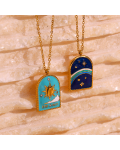 Stainless Steel Plated 18K Gold Enamel Sun Planet Tarot Necklace