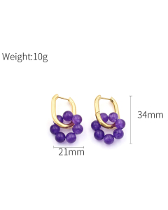 Purple Raw Stone Beaded Flower Stainlee Steel Earrings 