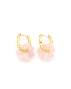 Pink Raw Stone Beaded Flower Stainlee Steel Earrings 