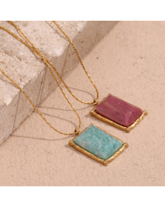 Wholesale Stainless Steel Necklace Rectangular Natural Stone Pendant Necklace