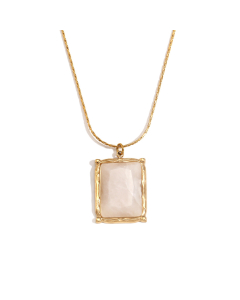 Fashion Plated 18K Gold Rectangular Natural Stone Pendant Stainless Steel Necklace 