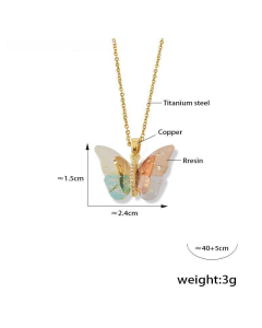 Bohemia Multi-color Resin Butterfly Shape Copper Pendant Necklace Stainless Steel Necklace