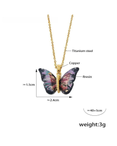 Fashion Multi-color Resin Butterfly Shape Copper Pendant Necklace Stainless Steel Necklace
