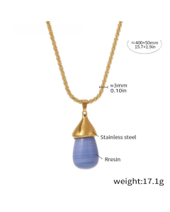 Wholesale Stainless Steel Pendant Necklace Resin Waterdrop Necklace-Gold Color-Blue