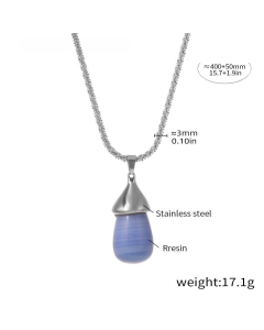 Wholesale Stainless Steel Pendant Necklace Resin Waterdrop Necklace-Steel Color-Blue