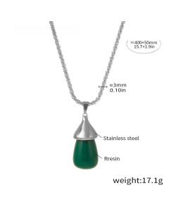 Wholesale Stainless Steel Pendant Necklace Resin Waterdrop Necklace-Steel Color-Green