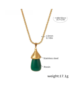 Wholesale Stainless Steel Pendant Necklace Resin Waterdrop Necklace-Gold Color-Green