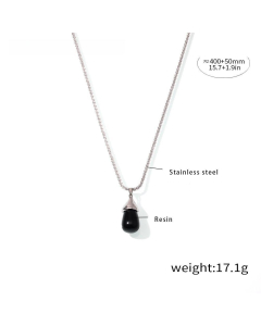 Wholesale Stainless Steel Pendant Necklace Resin Waterdrop Necklace-Steel Color-Black