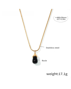 Wholesale Stainless Steel Pendant Necklace Resin Waterdrop Necklace-Gold Color-Black