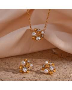 Wholesale Stainless Steel Jewelry Sets Fashion Simple Rhinestone Pearl Flower Pendant Necklace Earrings