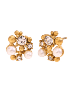 Fashion Simple Rhinestone Pearl Flower Stainless Steel Pendant Necklace Earrings