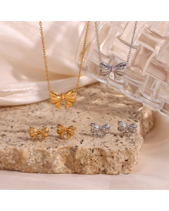 Wholesale Stainless Steel Fine Jewelry Ribbon Bow Pendant Necklace Earrings Sets