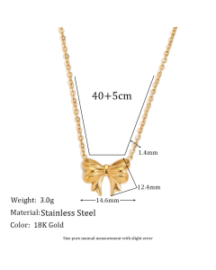 Wholesale Stainless Steel Fine Jewelry Ribbon Bow Pendant Necklace Earrings Sets-Necklace-Gold Color