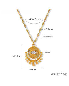 Round Brand Inset Zircons Eye Pendant Necklace Wholesale Stainless Steel Necklace-Gold Color-White